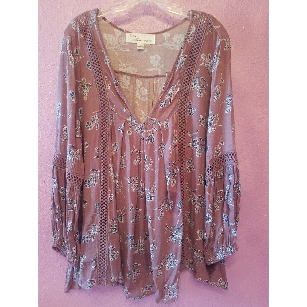 Vintage Havana Long Sleeve Crochet Accent Boho Floral Top  Sz M